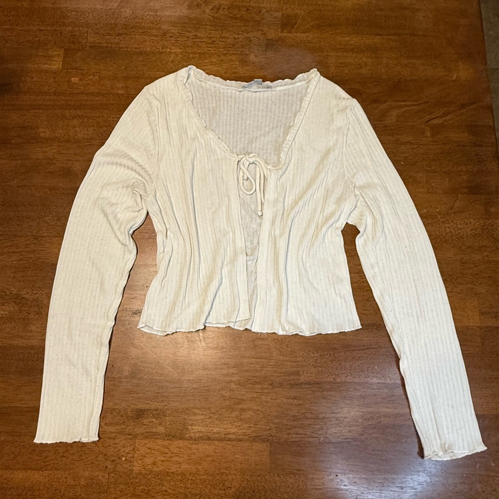 Cream Long Sleeve Women's Cardigan with Front Tie